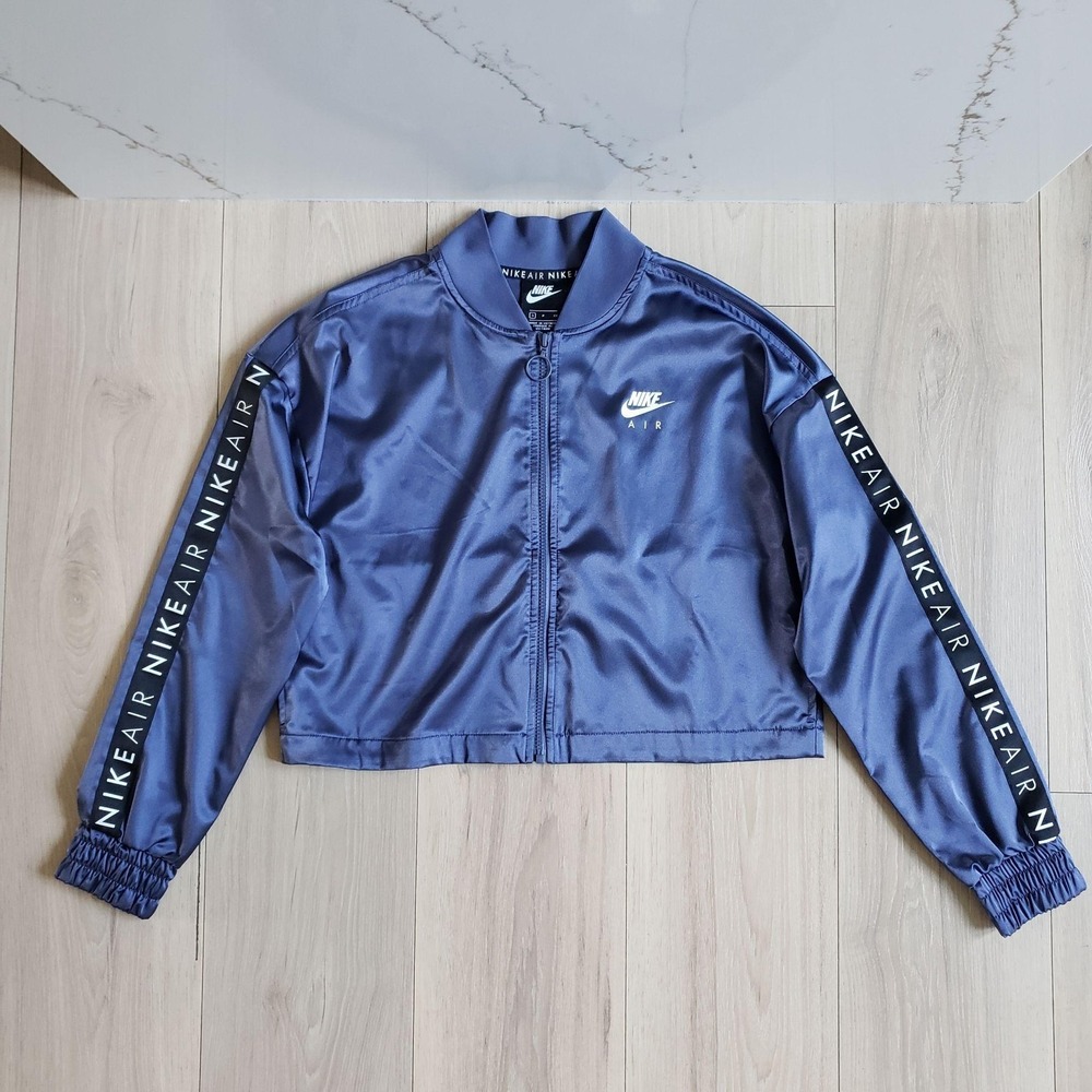 Nike Air Track Jacket Womens S Blue Full Zip Cropped Logo Sleeve Running Gym